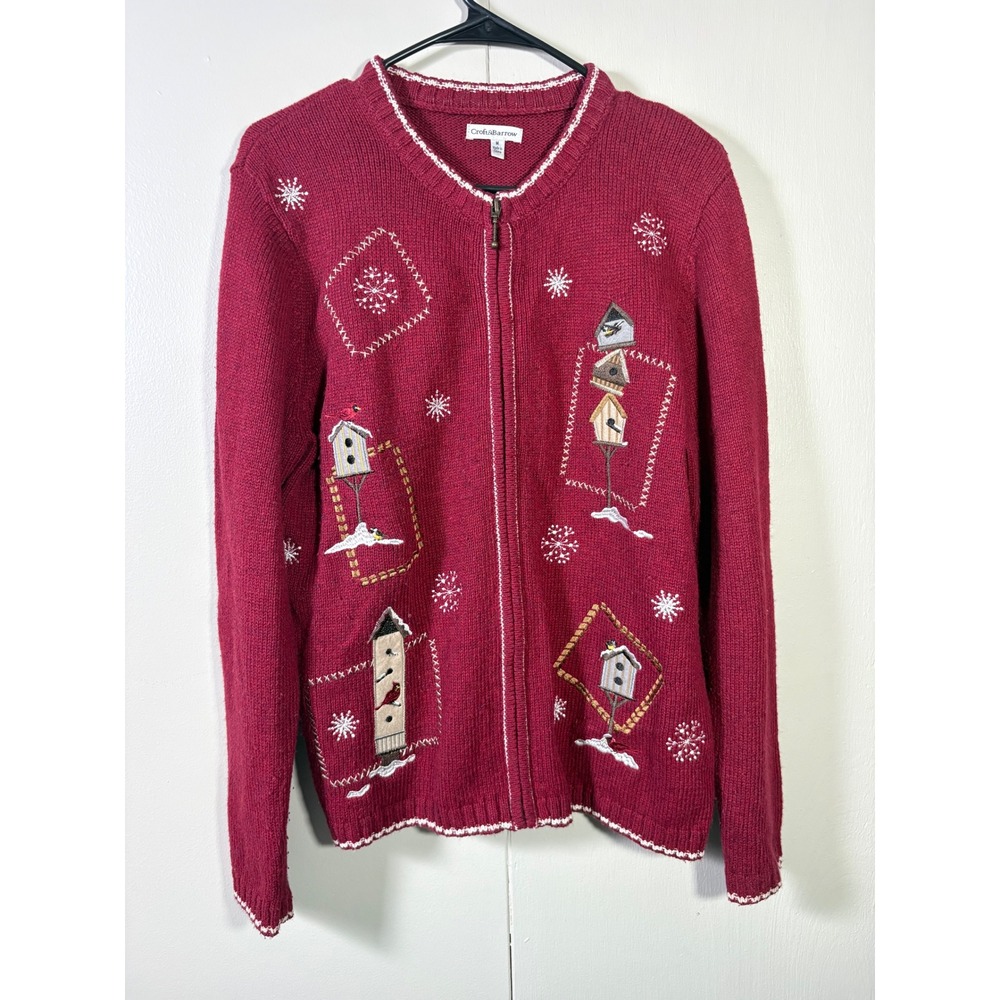 Croft & Barrow Red Birdhouse Cardinal Embroidered Cardigan M Winter Cabin
